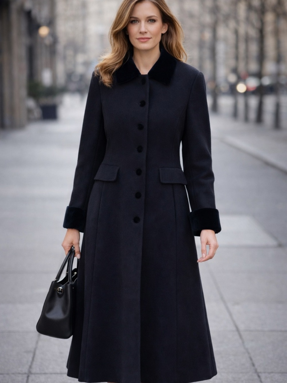 Albert Nipon black Trench Coat with Velvet Trim 100% Wool